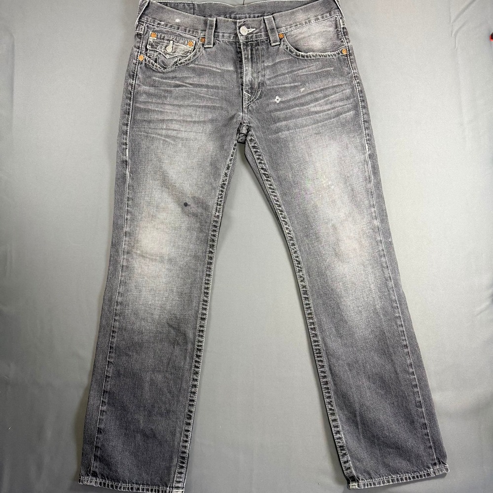 True Religion Straight Leg Jeans Gray Wash Distressed Men's 34